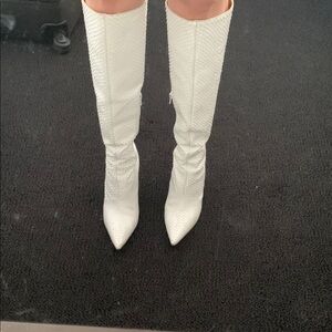 White Textured Knee-High Boots